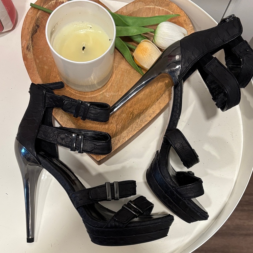 Black Strappy Pumps with Chrome Pewter Heels